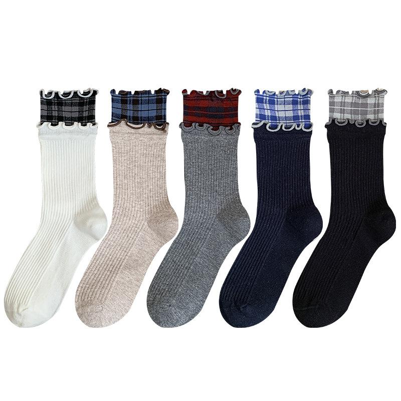 Autumn and Winter Women's Mid-calf Socks, Black Ear Edge Socks, Trendy and Casual Checkered Patchwork Boneless Cotton Socks