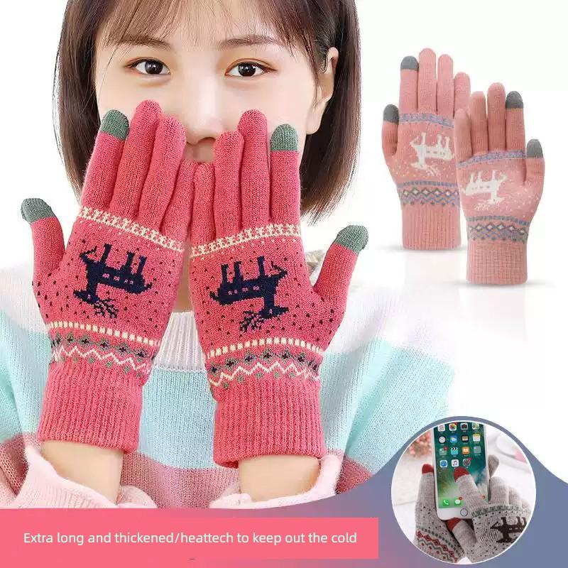 Winter Cycling Cold-Proof Warm Plush Gloves for Female Students, Touchscreen Deer-Pattern Gloves for Driving In Winter, Fingerless
