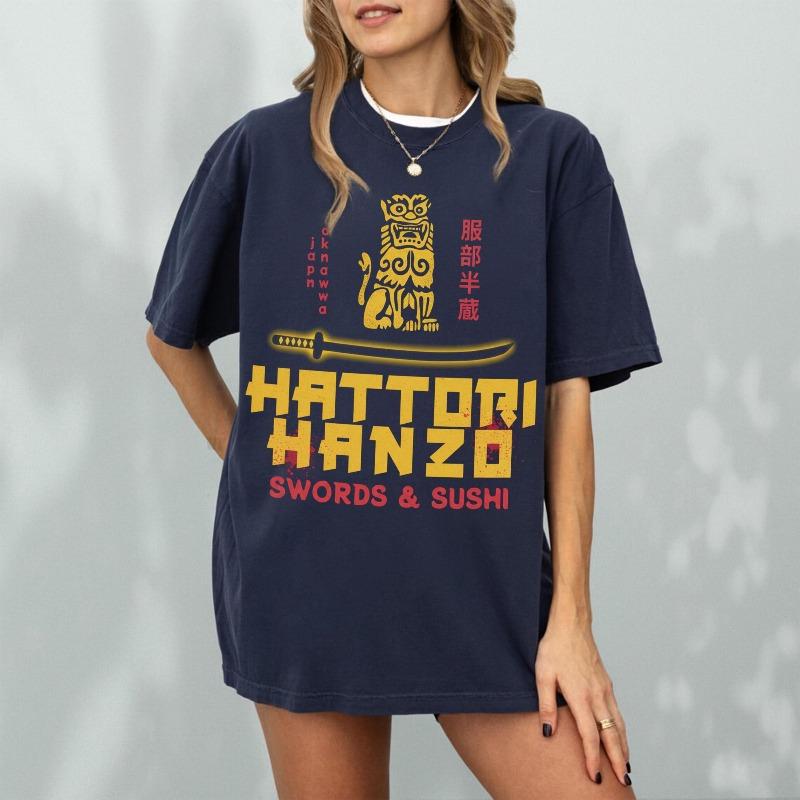 Retro Japanese Samurai Sword Action Movie Themed Tshirt for Women Summer New Unisex Casual Cotton Tshirt
