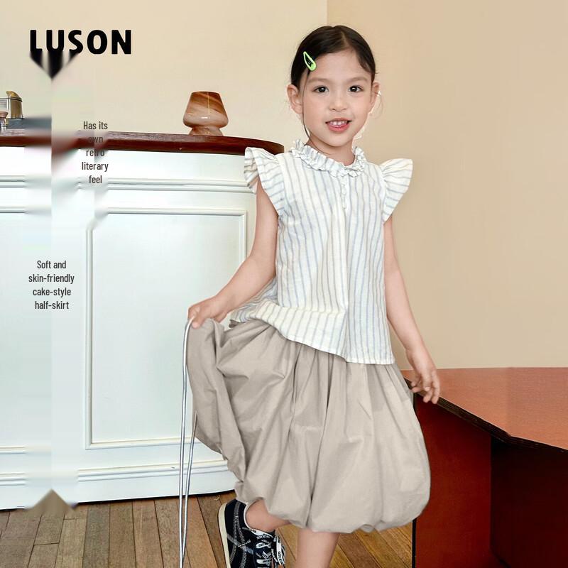 LUSON Girls Summer Striped Short Sleeve Peter Pan Collar Shirt 120