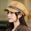 Warm Octagonal Hat Stripe Painter Hat Personality Pu Leather Beret  Ladies
