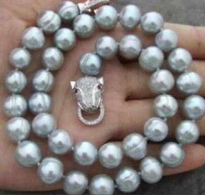 Leopard Clasp  9-10mm NATURAL SOUTH SEA BAROQUE GRAY PEARL NECKLACE 18"