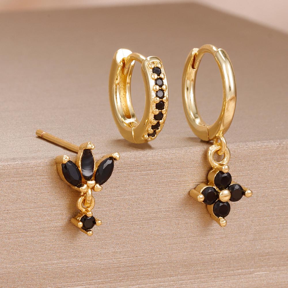 3-teiliges Modisches Orange Blau Zirkon Hängende Ohrringe Set für Damen Edelstahl Blume Dangle Ohrring Piercing Schmuck