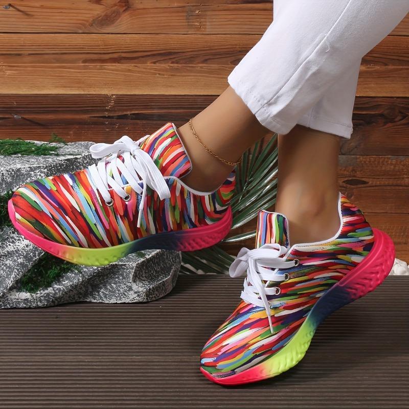 Large Size Sneakers Colorful Striped Lace Up Round Toe Sports Single Shoes Rainbow Bottom Sneakers