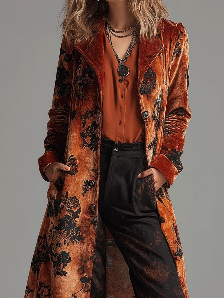2026 European Retro Velvet Floral Lapel Long Coat - Women's Autumn Winter Fashion.