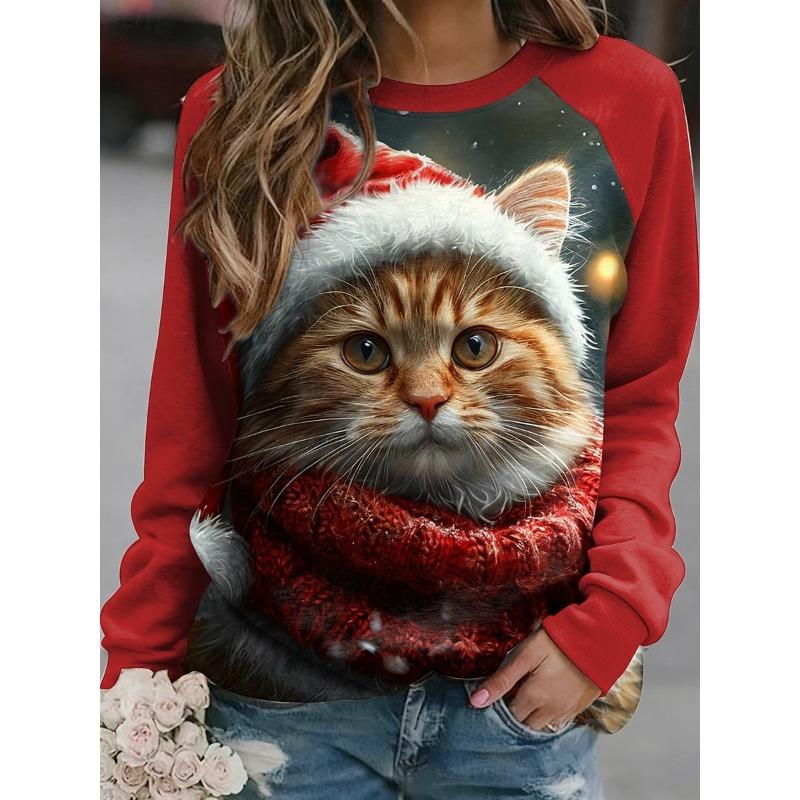 Christmas Women's Sweatshirts Cute Cat Graphic Casual Long Sleeve O-Neck Regular Tops