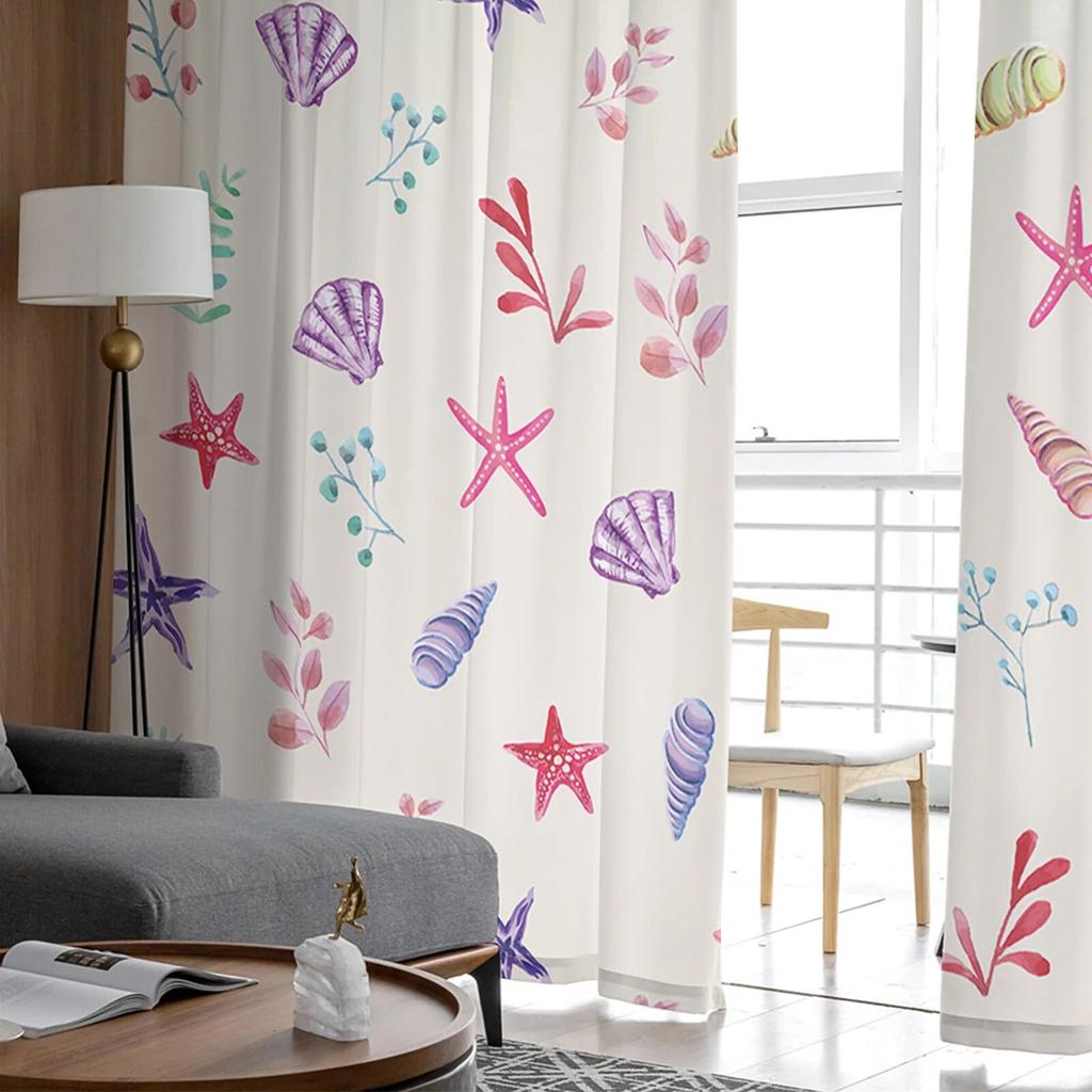 Flowers Foliage Gradient Shells Starfish Bedroom Transparent Sheer Curtains Holiday Decoration Window Voile Tulle Curtain