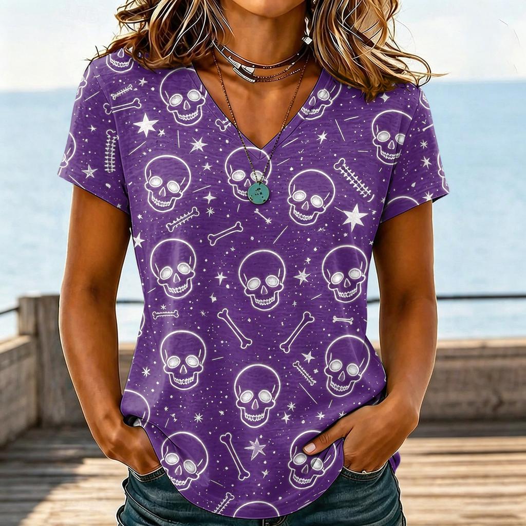 Women's Casual V-Neck Halloween Printed T-Shirt for Holiday Party and Everyday Wear