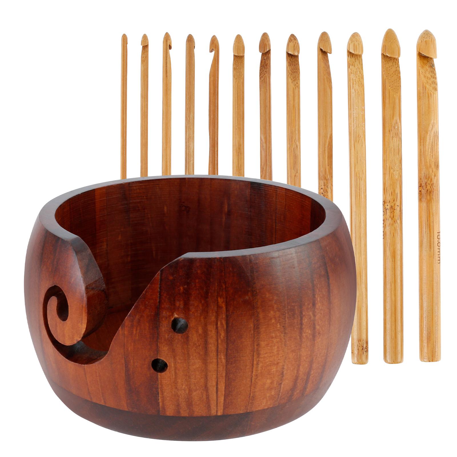 

Yarn Bowl Holder with 12Pcs Crochet Hooks Wood Yarn Bowl Curling Grooves Design Knitting Bowls for Knitters Crocheters Craft