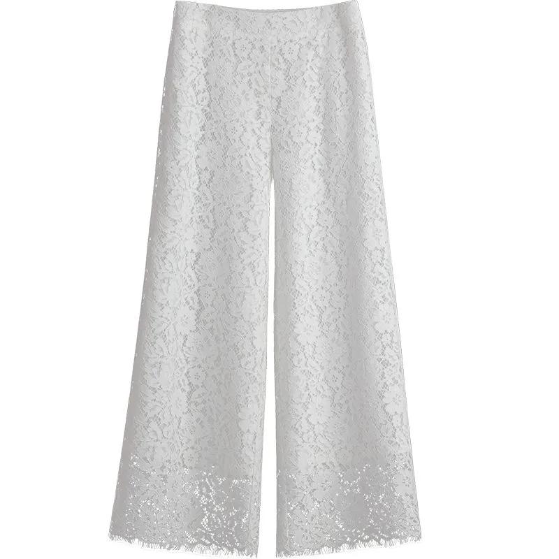 Women's Summer Design High Waist Lace Wide Leg Pants Loose Straight Draped Pants