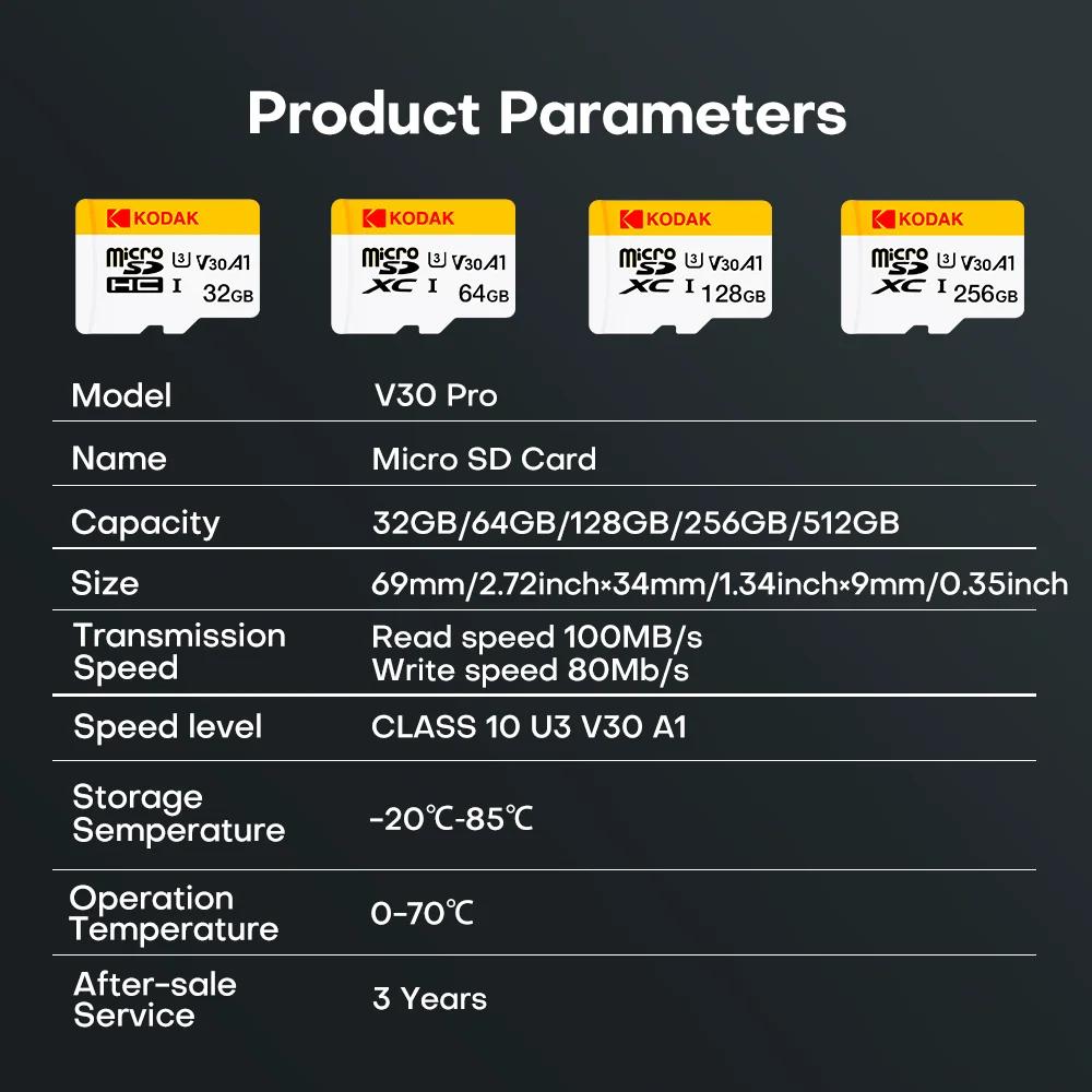 Kodak Mini Memory SD Card 256GB 128GB 64GB 32GB U3 V30 4K Full HD Micro TF Memory Flash Card for Phone/Computer/Camera