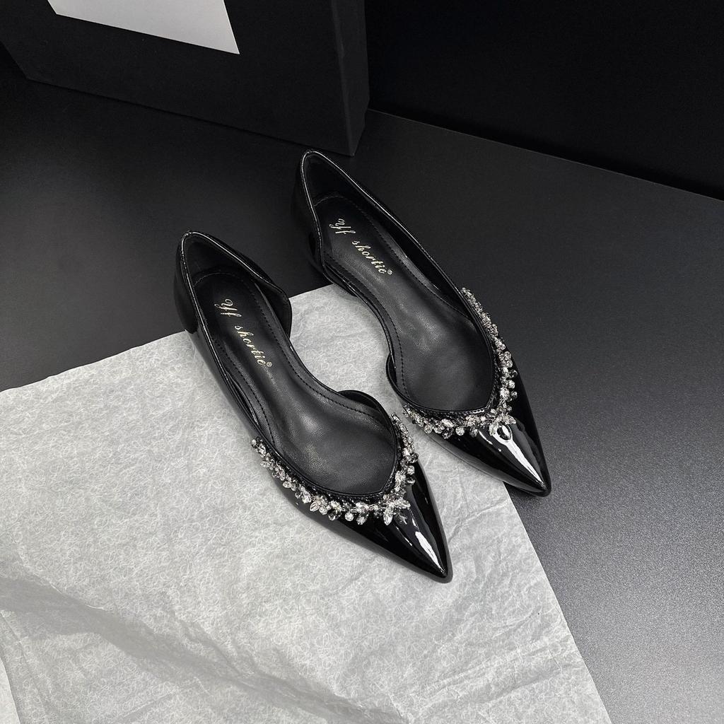 4 cm higher rhinestone pointed side empty single shoes for women's 2025 summer new retro one-pedal inner height-increasing sandals