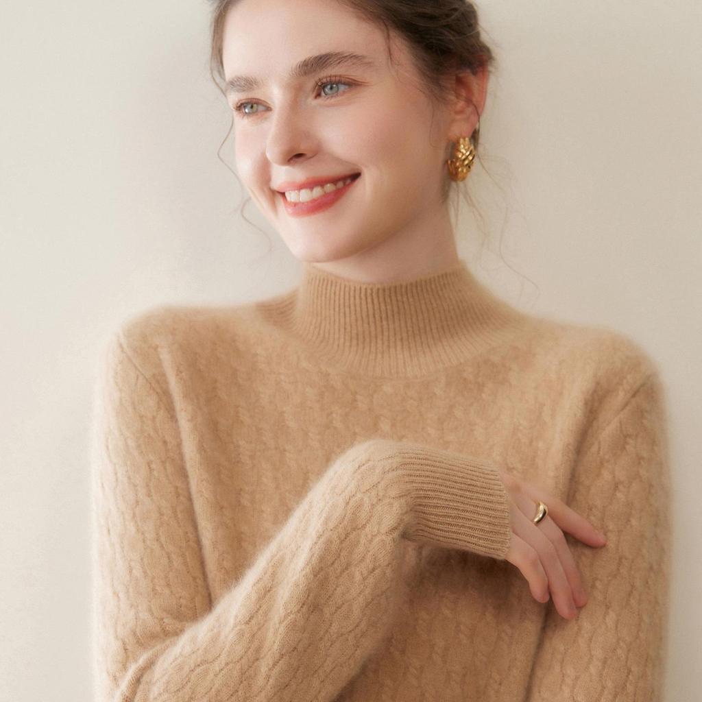 Women's Retro Cable Knit Cashmere Sweater: Autumn/Winter Half-High Collar, Thick, Loose Base Layer.