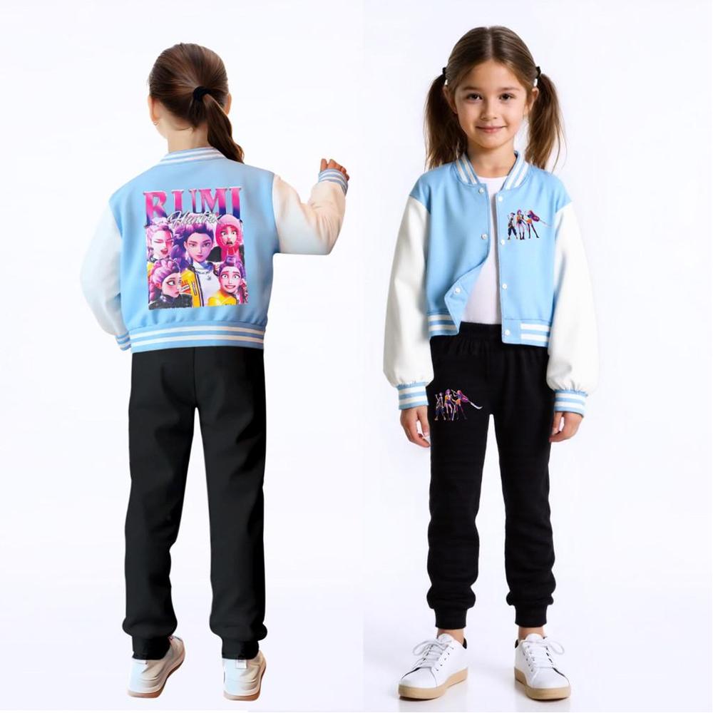 Kids Girls Anime Cartoon Kpop Demon Hunters Rumi Zoey Mira Printed Casual Long Sleeves Baseball Jacket Coat