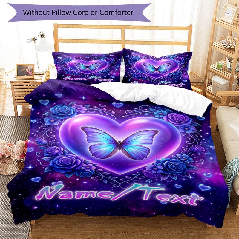 3PC Custom Name Butterfly Heart Tapestry Bedding Set Printed  Bedding Set Duvet Cover Closure Includes 1 Duvet Cover & 199 Pillowcases for Bedroom