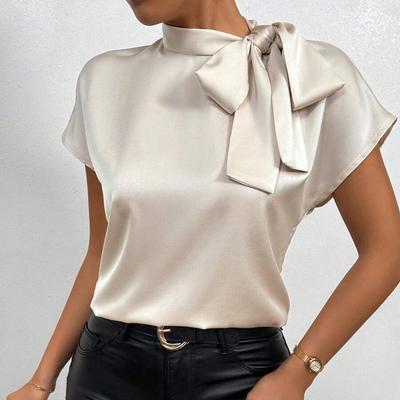 Women's Satin Shirt Summer Short Sleeved Bow Tie Blouses & Shirts
