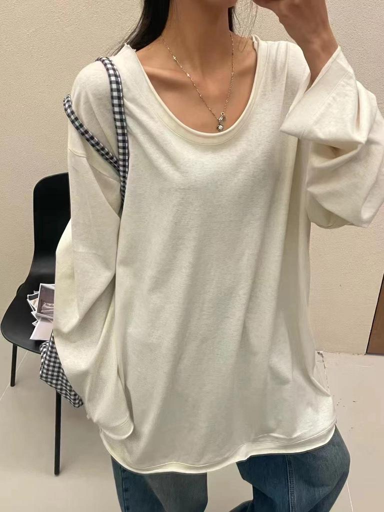 Da 7 Women's Spring Loose Plus Size Off-Shoulder U-Neck Long Sleeve T-Shirt