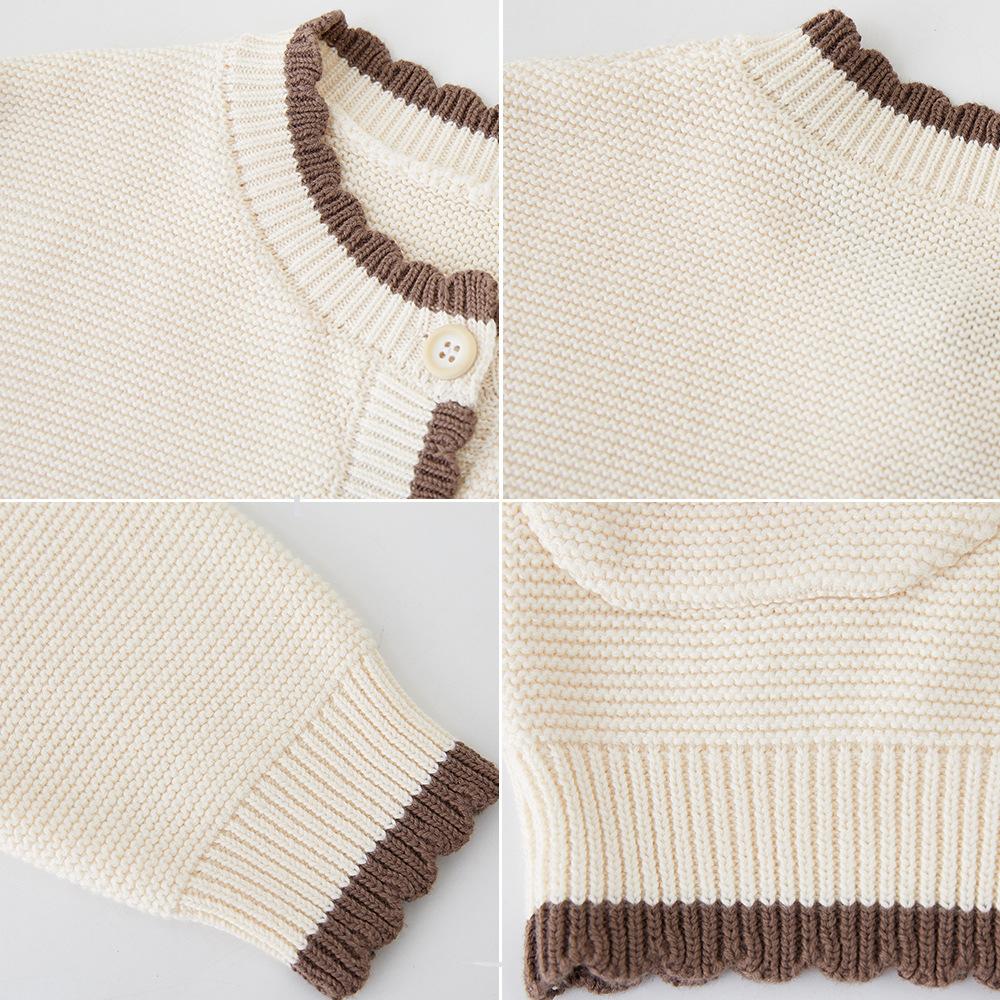 Spring and Autumn Contrast Color Round Neck Small and Medium Children's Knitted Cardigan Jacket Long Sleeve Pure Cotton Cherry Girl Sweater Cardigan