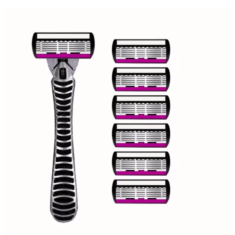 6pcs -layer Classic Razor, Razor Set, Stainless Steel Blade, Manual Safety Razor, Reusable Blade, Silicone Anti-skid Layer