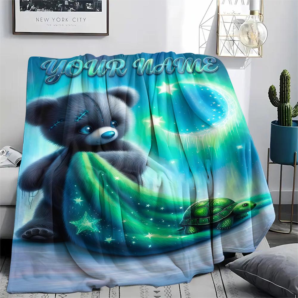 1PC Custom Name Forest Bear Heart Patterned Flannel Blanket Suitable For All Seasons for Home Decor Warmth and Comfort Gifts Holiday Present_lx