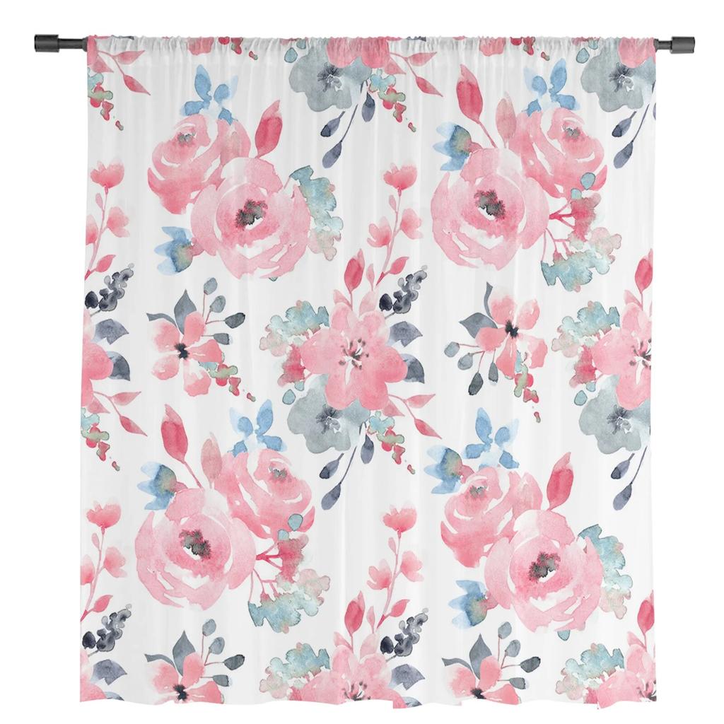 Aquarell rosa abstrakte Blumen Fenster Tüll Vorhänge für Wohnzimmer Küche moderne Fensterbehandlungen Voile Vorhänge