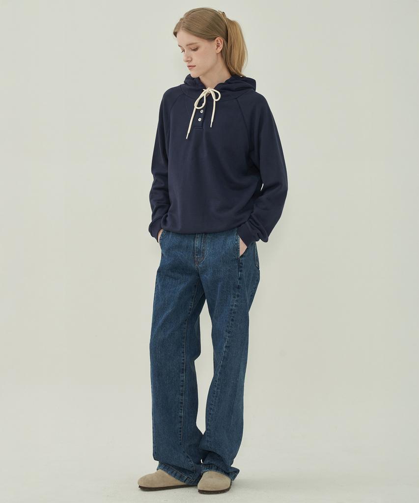 Basic Button Hoodie Sweatshirt - Navy