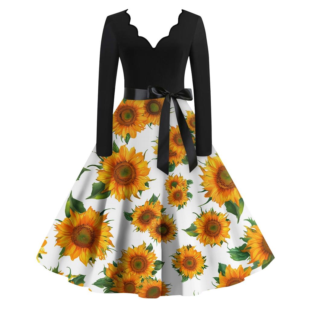 Frauen Casual Fashion Langarm Retro Grafik Gedruckt Vintage Lange Kleider Herbst