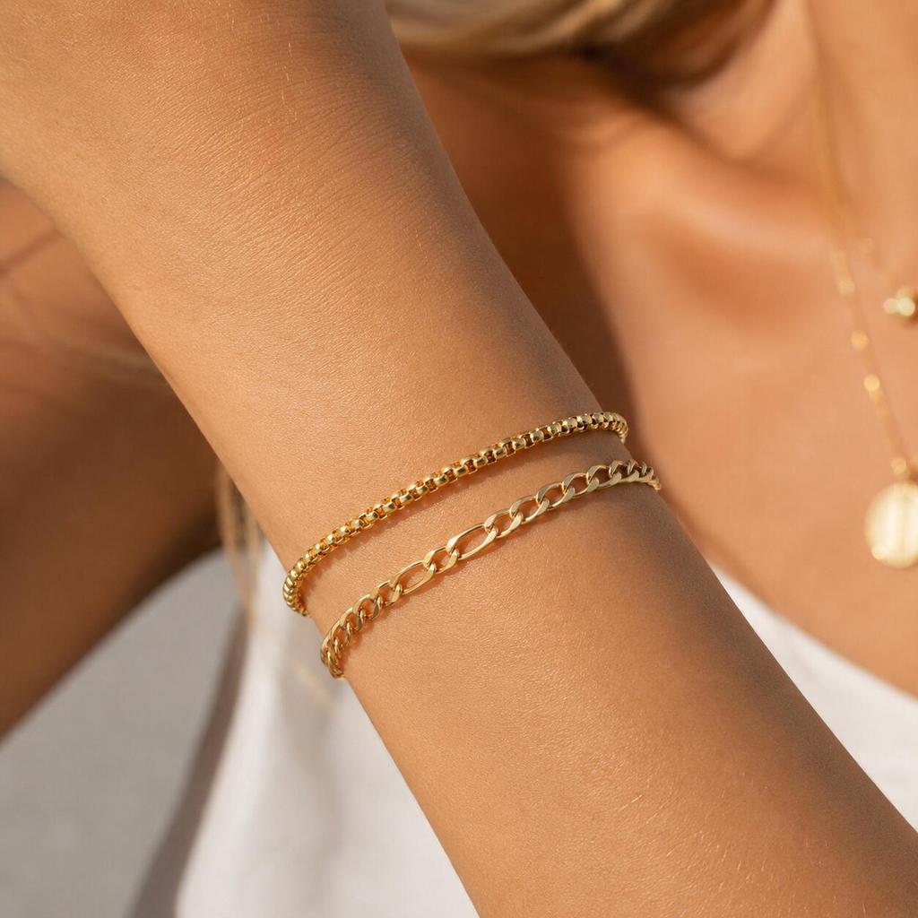 Layered Bracelet for Women, 2PCS Stainless Steel Adjustable Waterproof  PVD Gold Plated Trendy Summer Jewelry