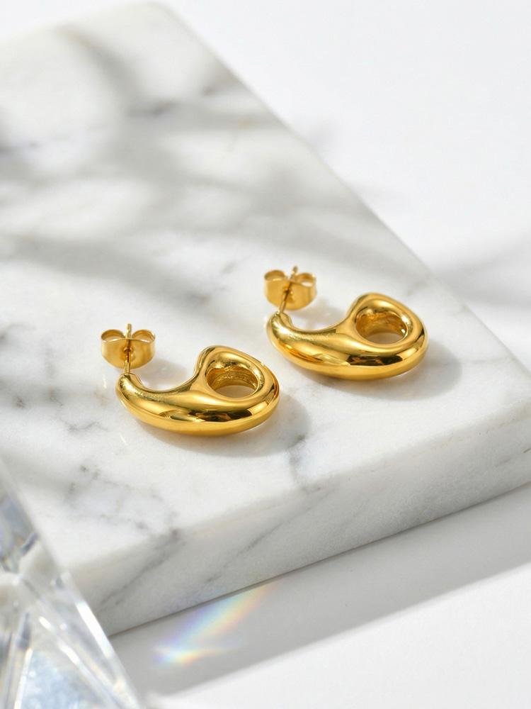 waterproof Stainless Steel Geometric Hollow Out Stud Earrings, Modern Minimalist Gold Plated Earrings for Women