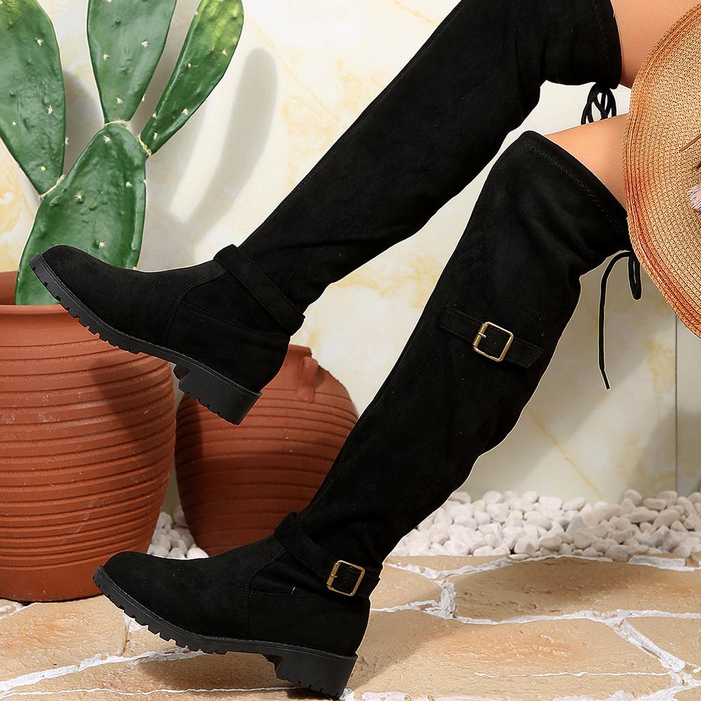Fashion Women Ankle Boots 2025 New Belt Buckle Long Boots Western Style Pleated Flats Boots Women Square Heel Comfortable Shoes Women