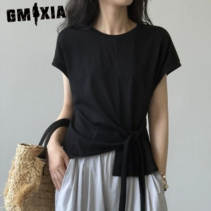 GMXIA Women's Fashion Casual Solid Color Print Short Sleeve O Neck Blouses & Shirts