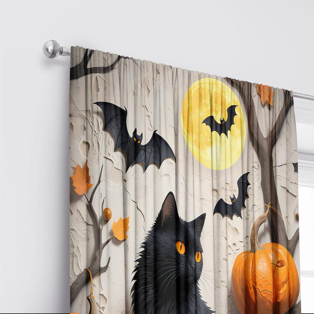 2PCS Halloween Fall Curtains, Black Cat Pumpkin Moon, Digital Print, Bedroom Living Room, Office, Kitchen, Dining Room