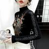De Rong Women's Autumn/Winter Semi-High Neck Rhinestone Long-Sleeve T-Shirt