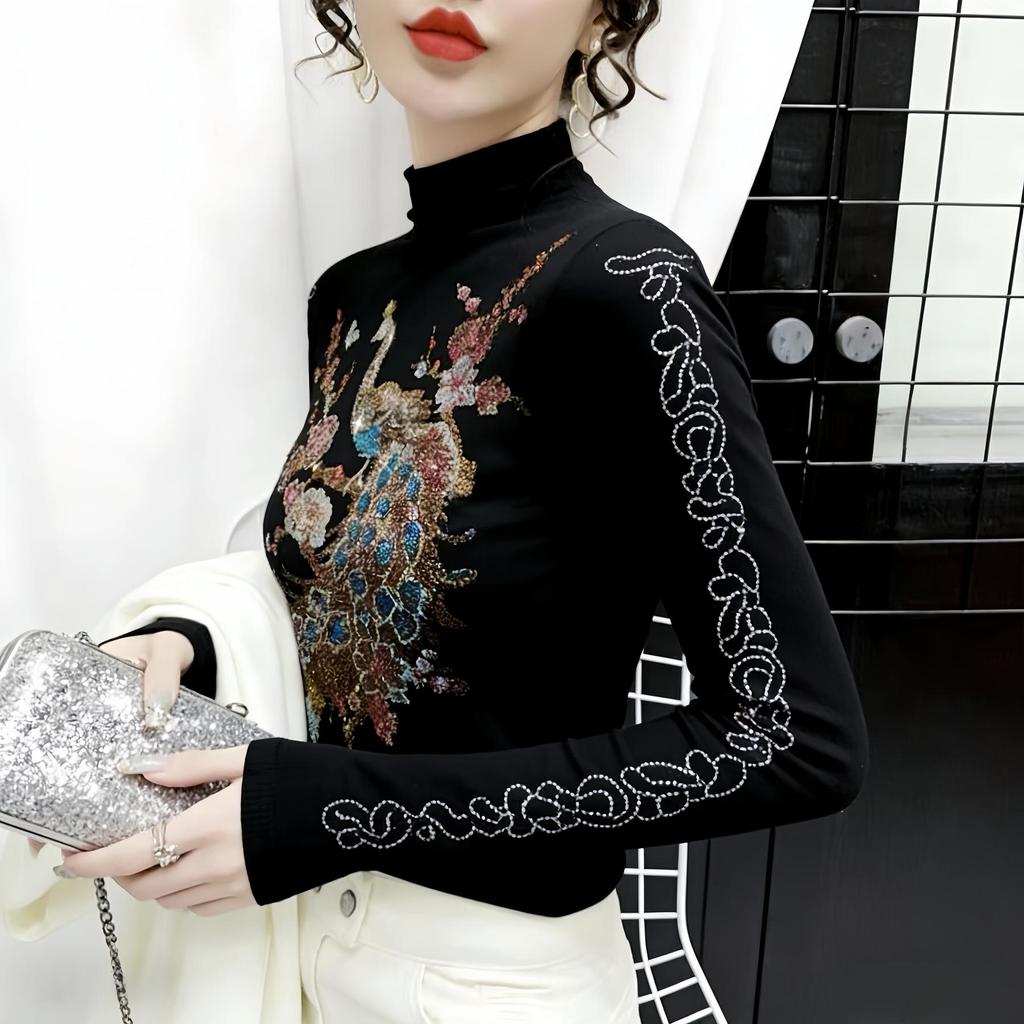 De Rong Women's Autumn/Winter Semi-High Neck Rhinestone Long-Sleeve T-Shirt