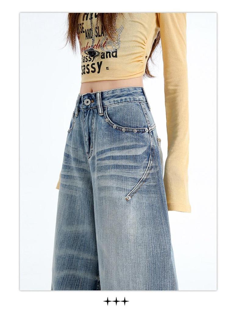 Women's Personalized Bamboo Pattern Light Blue Wide Leg Jeans - Trendy, Slimming, Loose Fit for Spring/Summer