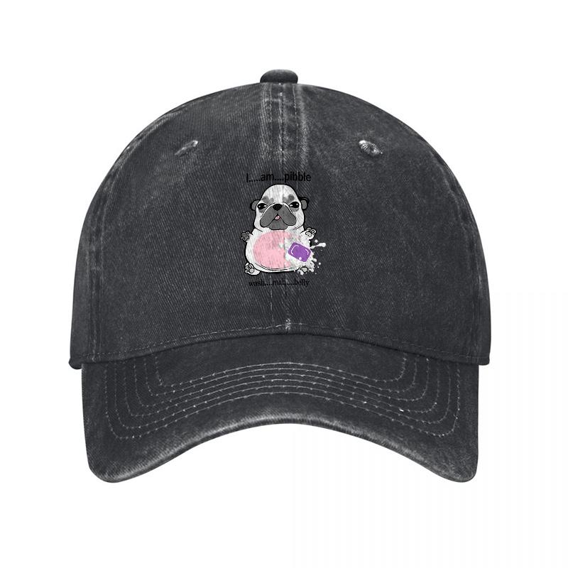 Pug Dog Patch Design Washed Cotton Baseball Cap Classic Black Adjustable Hat for Unisex and Women Casual Streetwear Style