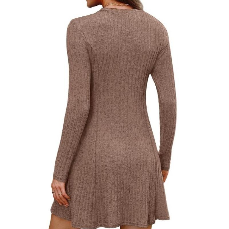 JKASHDK Women's Fashion Spring Fall Solid Color Print Long Sleeve O-Neck High Waist  Casual Dresses