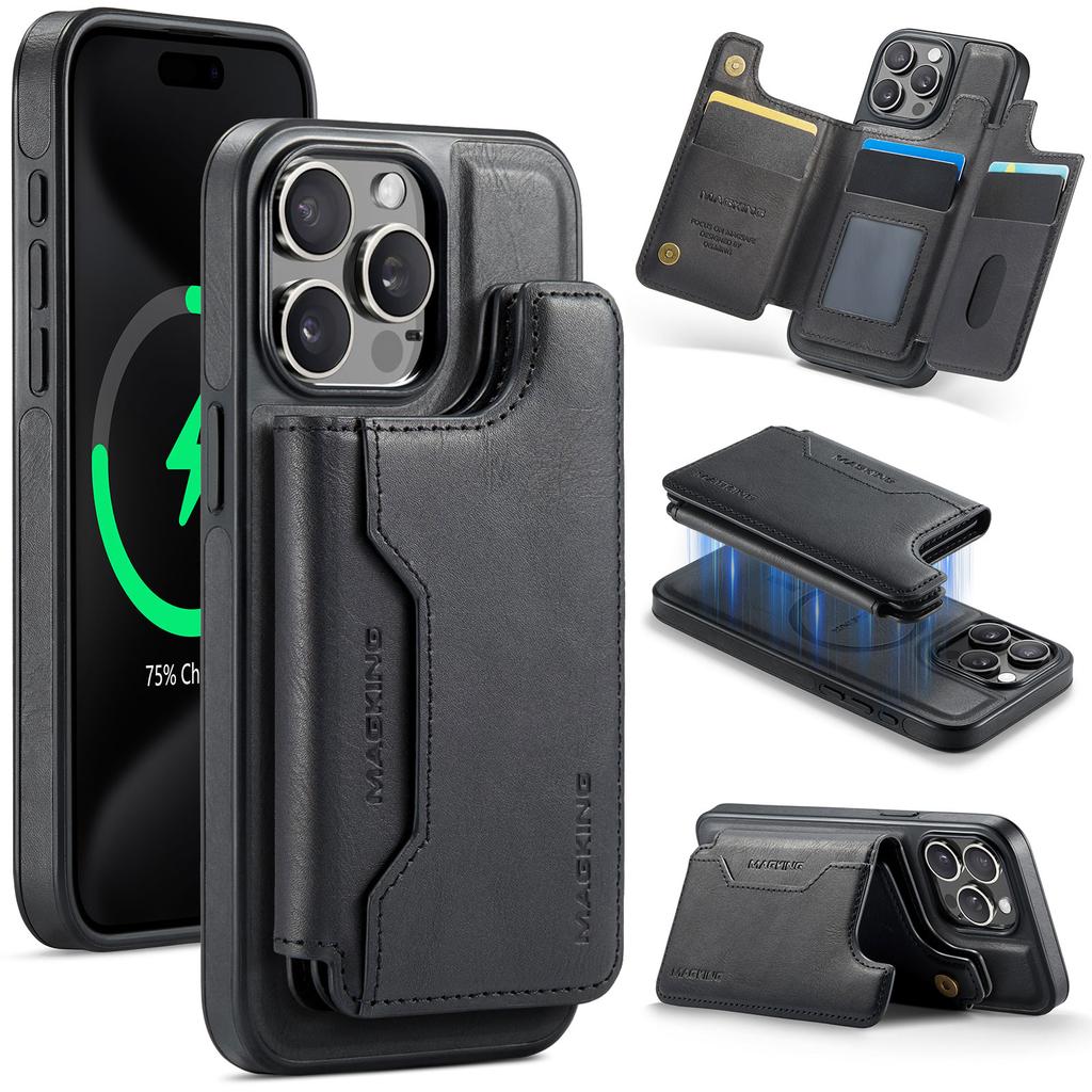 MAGKING K3 Series For iPhone 15 Pro Case Compatible with MagSafe Wallet PC+TPU+PU Phone Cover
