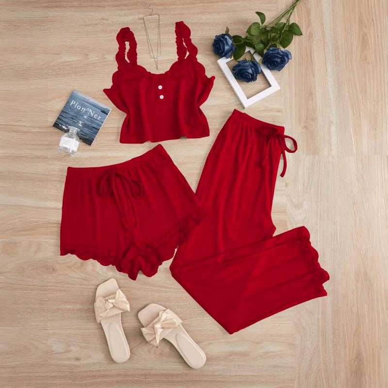 Beliebtes Damen-Spitzen-Pyjama-Set: Dreiteiler mit Shorts, langer Hose und Camisole – Sexy Homewear