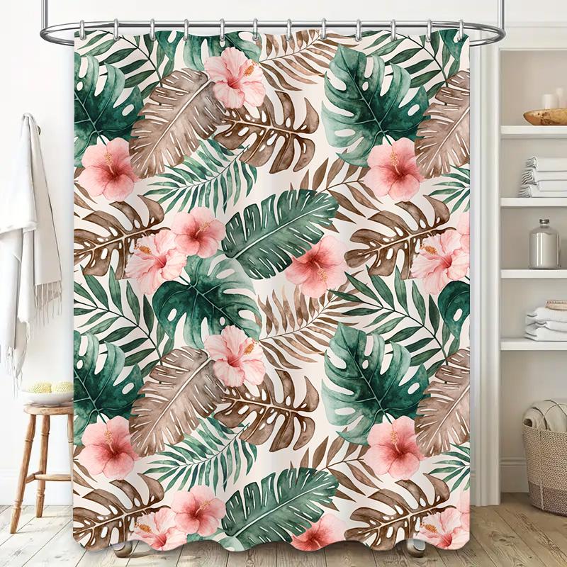 Green Tropical Leaves Shower Curtain Pink Hibiscus Waterproof Fabric Bathroom Decor Modern Floral Design