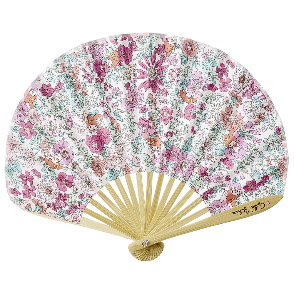 Sanrio Characters Liberty Print Folding Fan with Floral Cute and Perfect for Western and Japanese Summer Heat Comes In a Paulownia Wood Box with Fan
