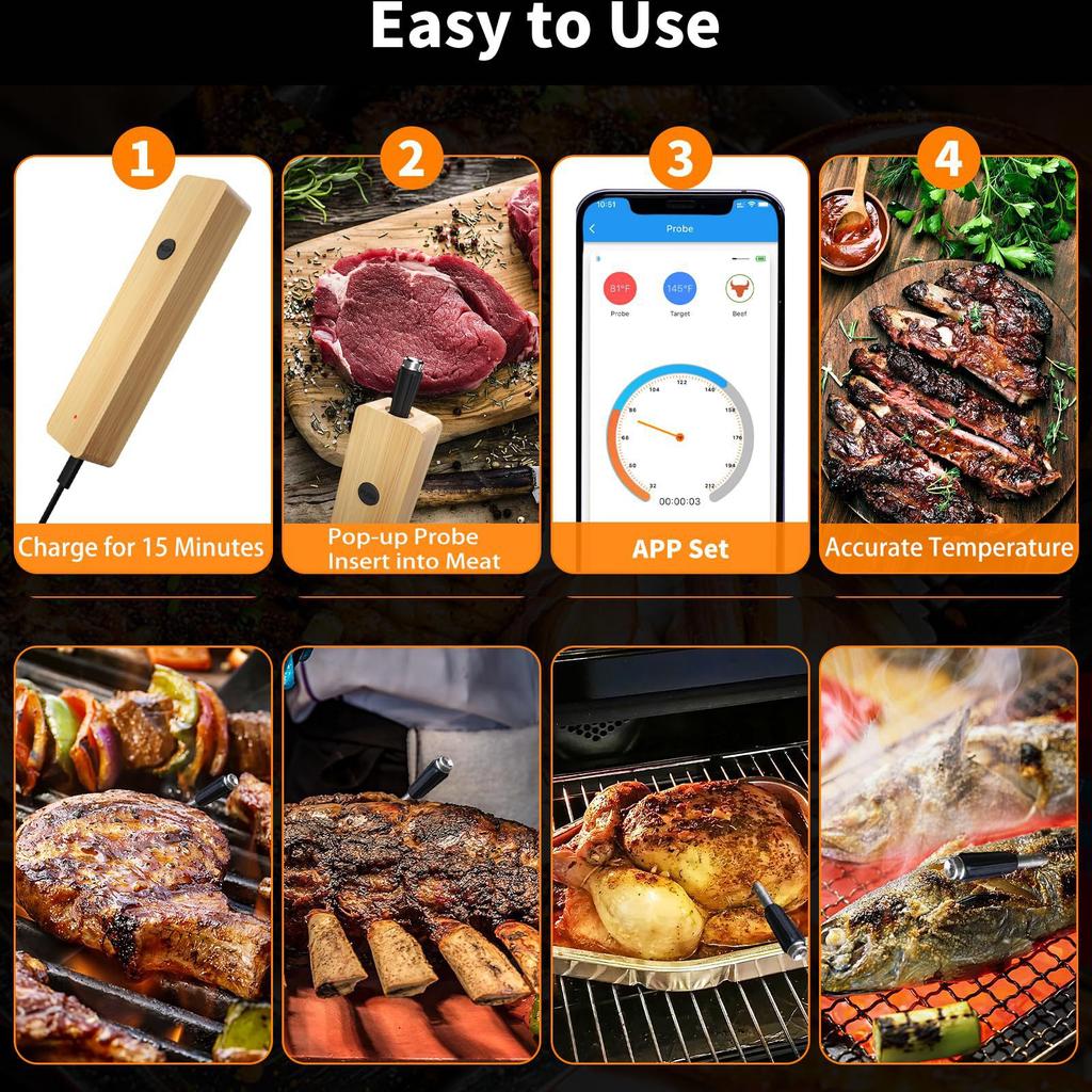 Wireless Meat Thermometer Waterproof Probe Bluetooth Food Thermometer Support APP Remote Real-time Monitoring for BBQ Baking