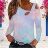 Women Plus Size Asymmetric Cutout Neck Cold Shoulder Long Sleeve Fitted Pastel Gradient Printed Top