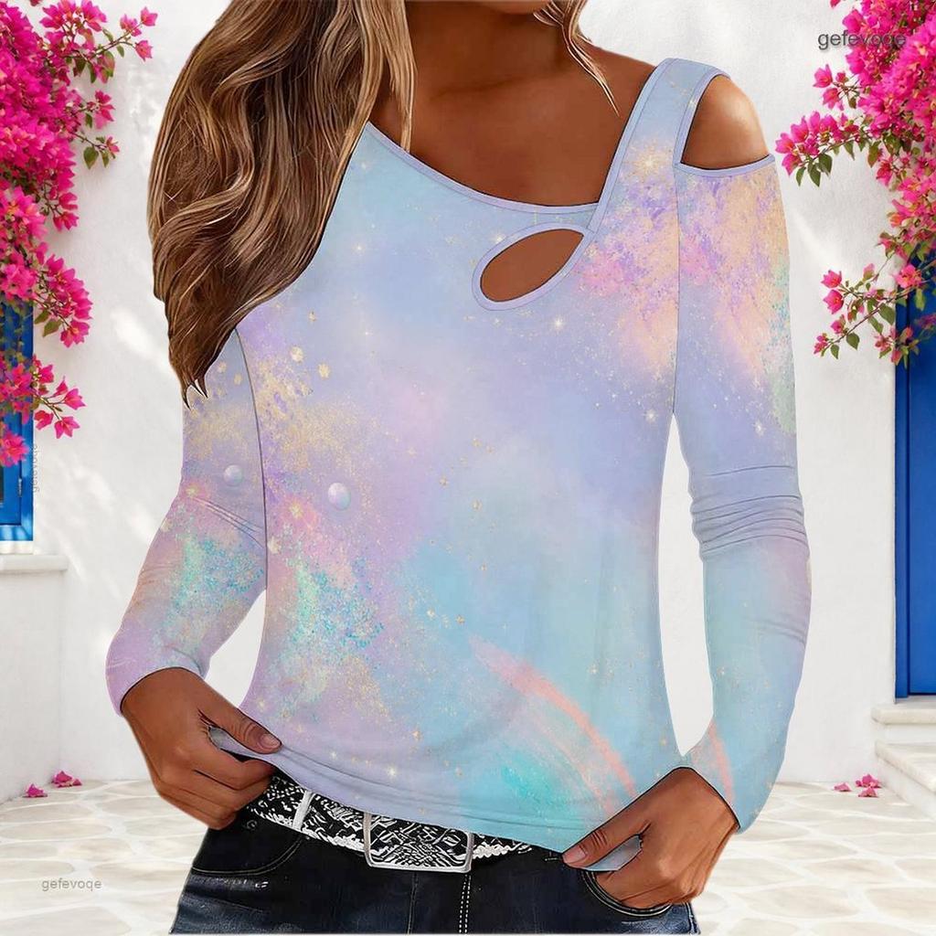 Women Plus Size Asymmetric Cutout Neck Cold Shoulder Long Sleeve Fitted Pastel Gradient Printed Top