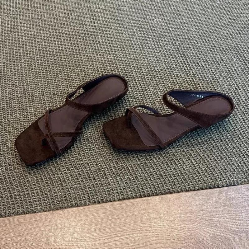 Simple Casual Toe Slip Strap Sandals Women's Summer Vintage Square Toe Wedge Outside Wear Slippers