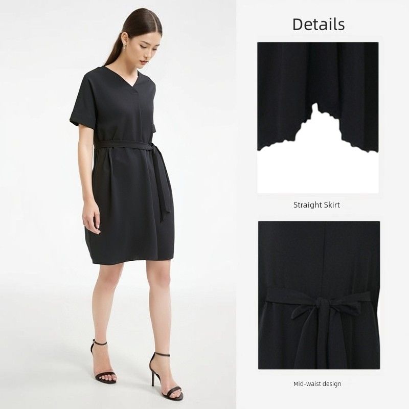 

Summer Commute Export European and American plus Size Women s Clothes Slim Looking for Plump Women V-neck Short-Sleeved A- line Dress 2022 New Spring Black S