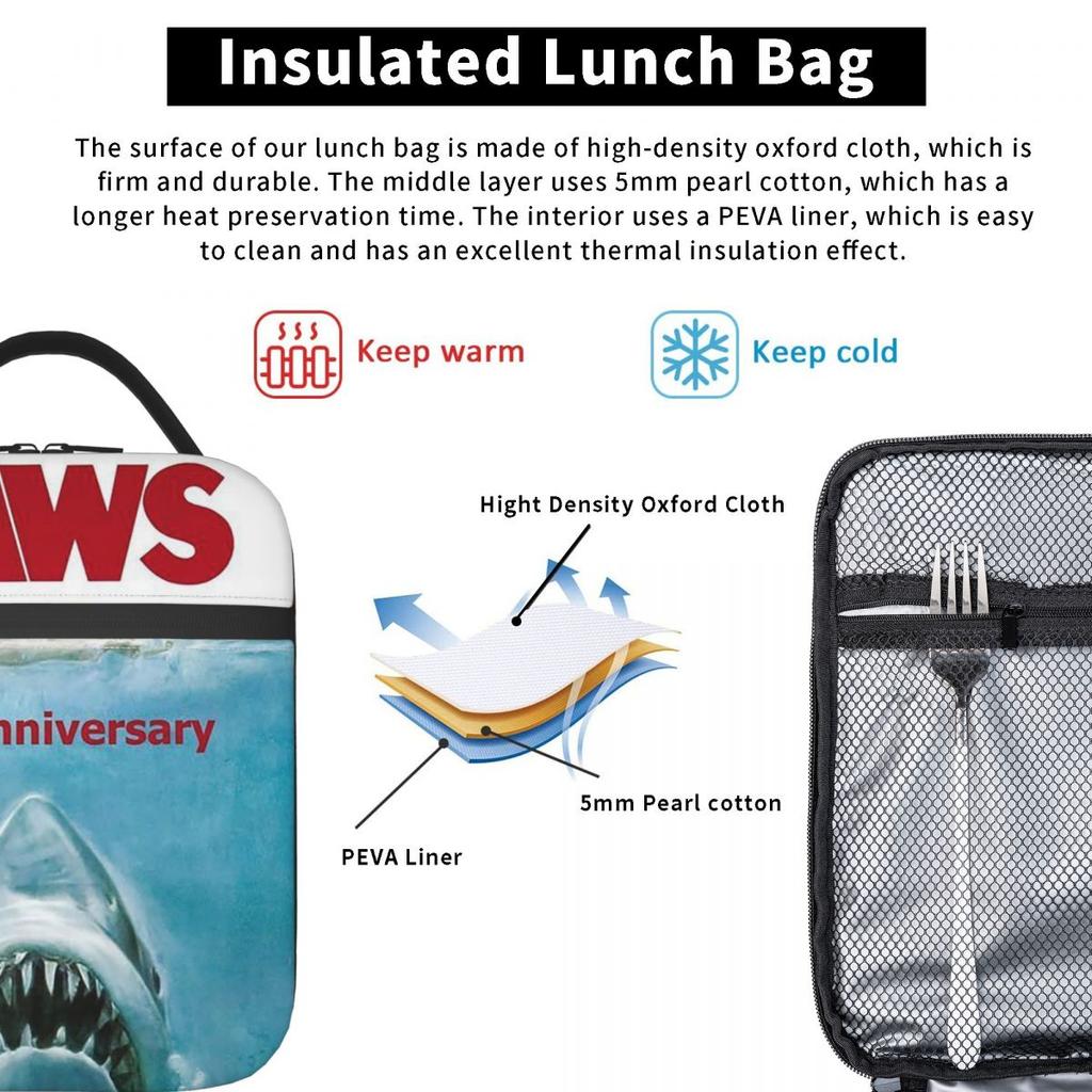 Jaws 50th Anniversary Logo Insulated Lunch Bag for Kids School Cooler Thermal Food Box Tote Leakproof Lunch Boxes Container
