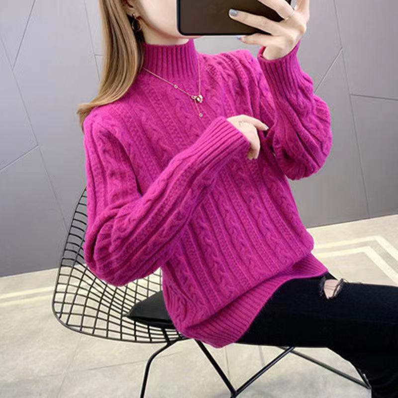 Women's 2026 Autumn/Winter Thick Cable Knit Sweater - Half-High Collar, Warm, Loose Fit Top