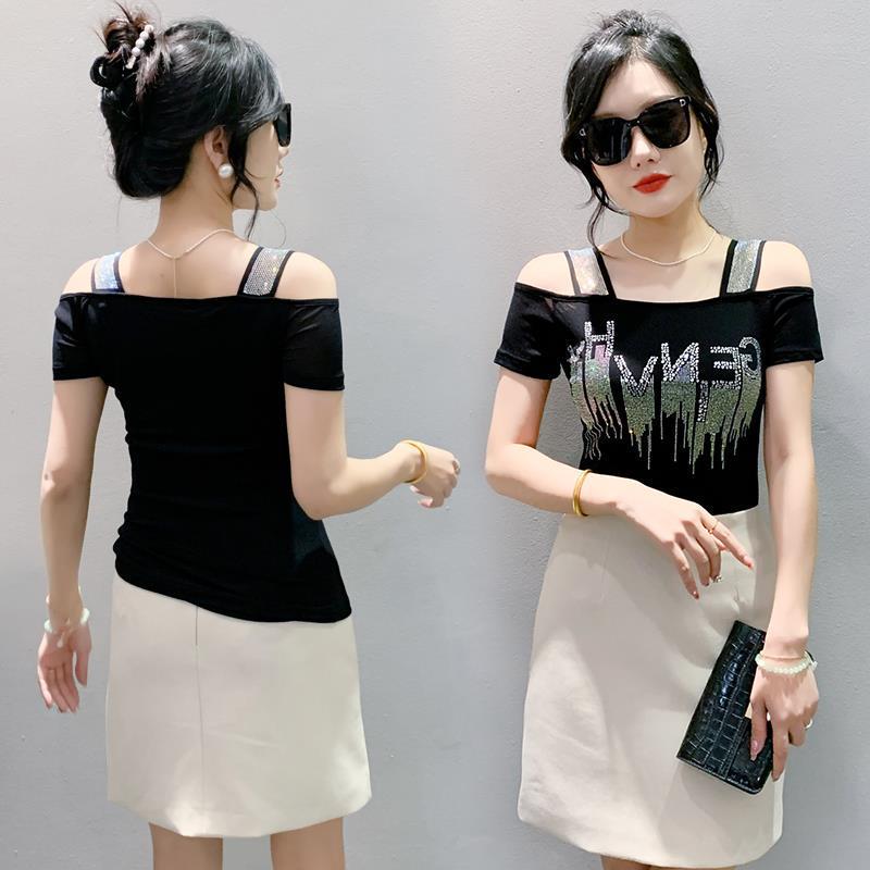 Vară 2024 Bluză cu straturi duble din mătase de gheață cu strasuri, cu umerii goi și spate gol