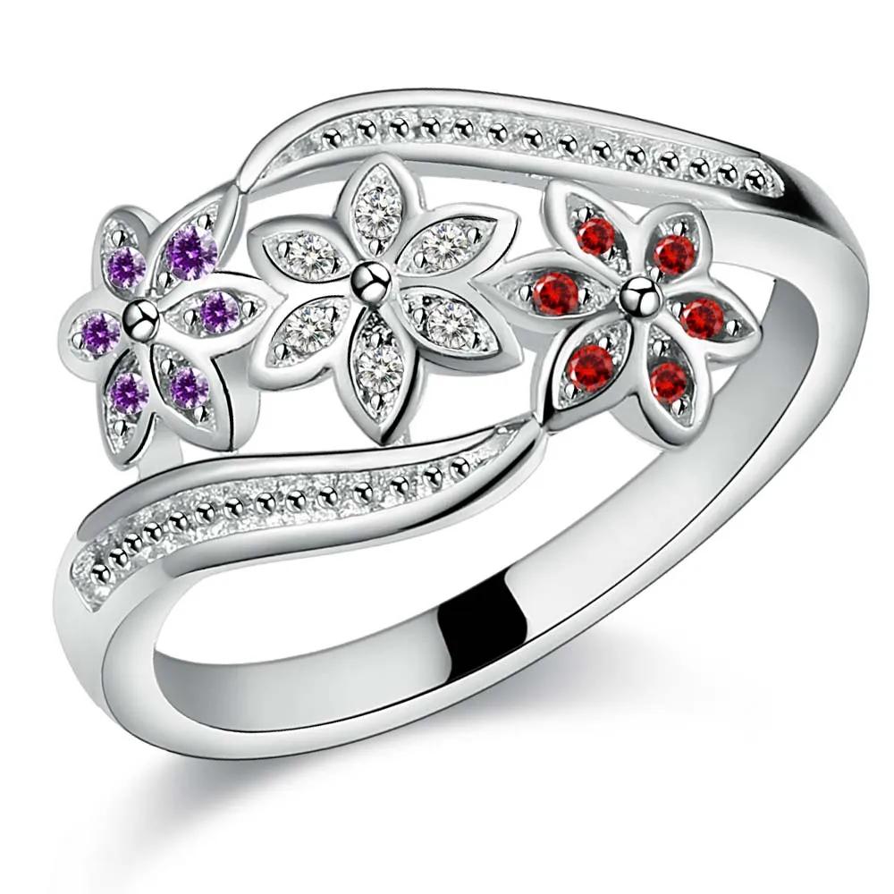 925 Silver high quality For women lady wedding inlaid stone crystal flower ring fashion jewelry